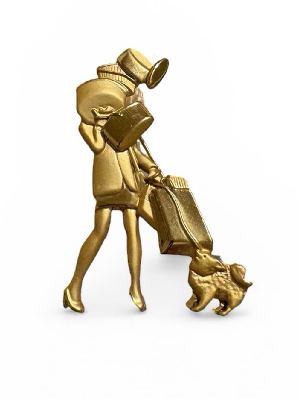 Vintage AJC Pretty Woman/Shoppjng girl with hat boxes and little dog brooch